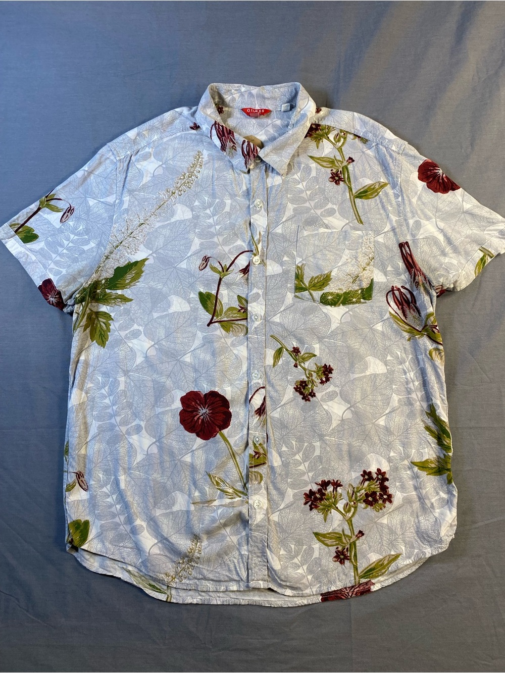 Guess Short-Sleeve Button-Down Shirt - White with Red & Green Floral
